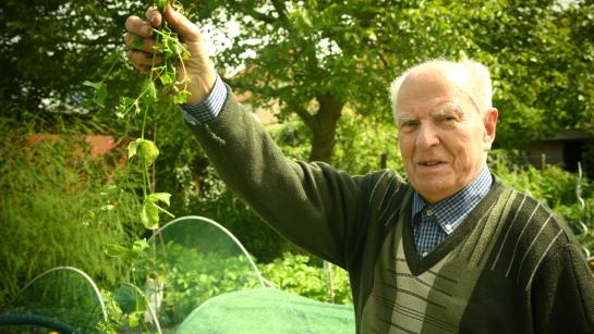 Een bewoner tuiniert in de moestuin van het WZC
